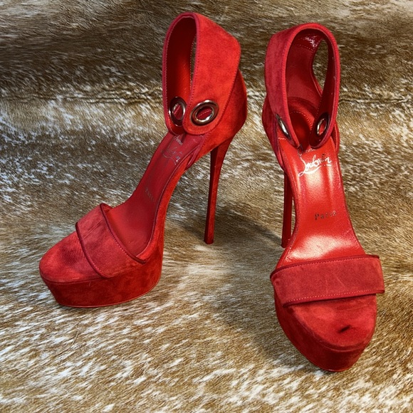 LOUBOUTIN Paris Red High Heel Stiletto Open Toe Platform Sandals GUC EU 38 1/2 - Picture 3 of 17